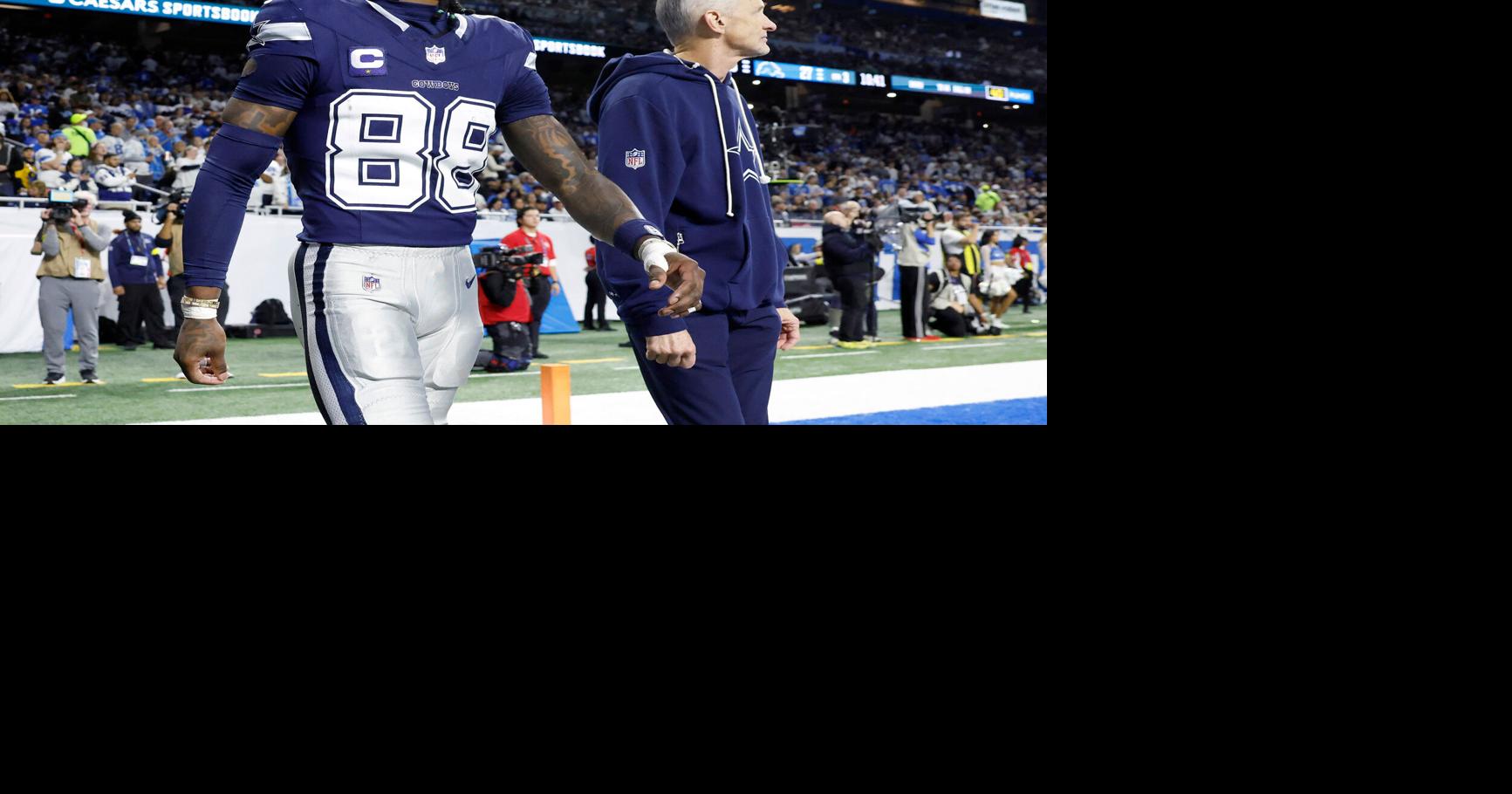 Dallas Cowboys wide receiver CeeDee Lamb leaves the field after suffering a concussion on a second half touchdown attempt against the Detroit Lions at Ford Field in Detroit, Dec. 4, 2025.
