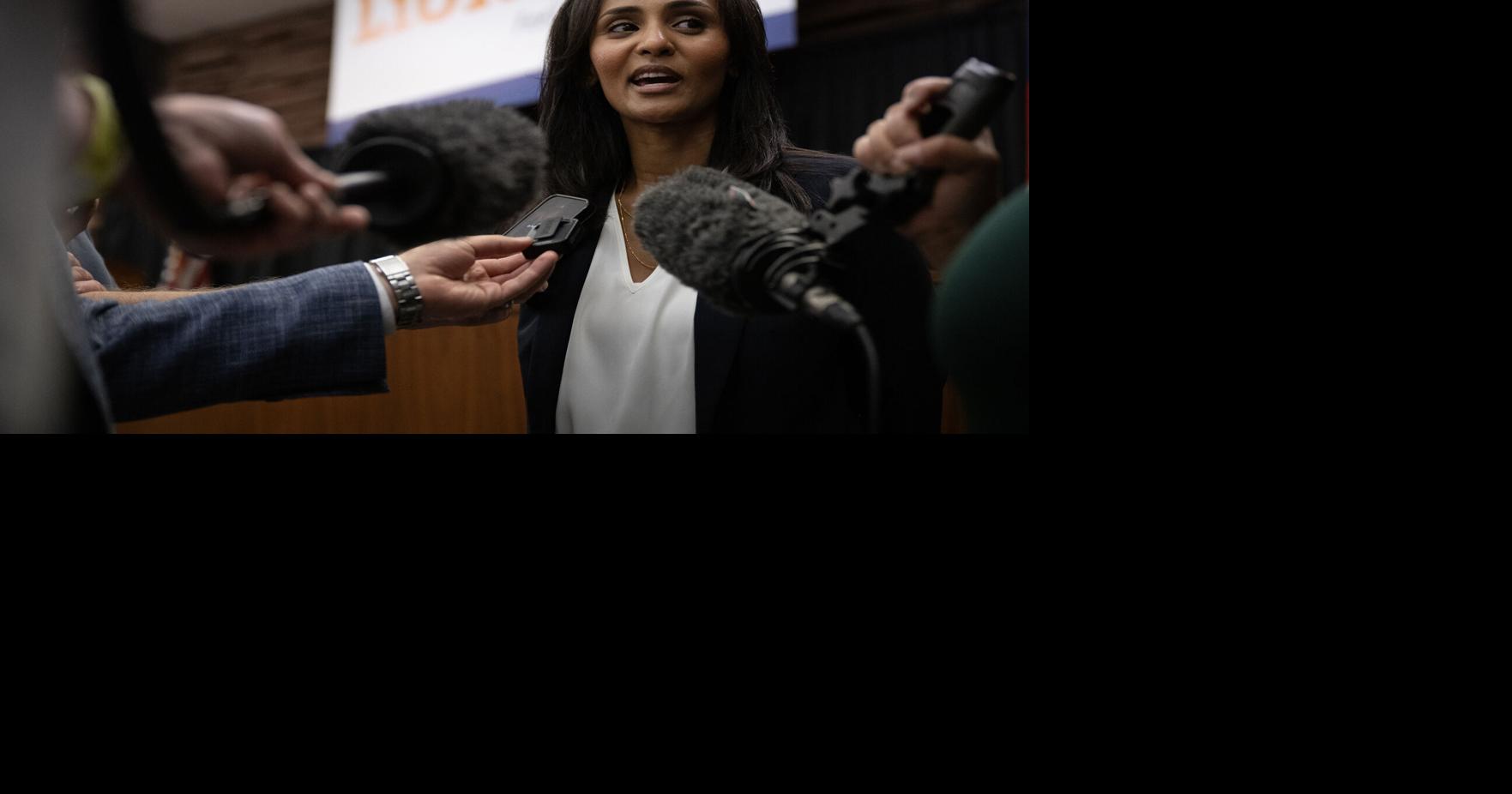 Melat Kiros, the Democratic nominee in the state’ s 1st Congressional District, speaks with members of the media after a unity rally put on by the Colorado Democratic Party following the primary election, on July 2, 2026, at the Laborers' International Union of North America Local 720 headquarters in Denver.