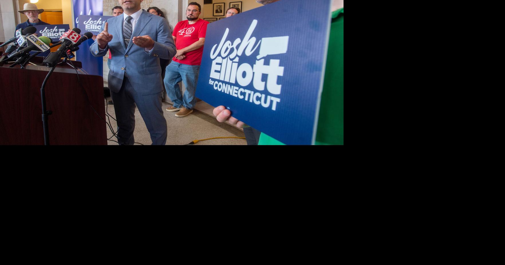 Josh Elliott speaks to the media as he announces his candidacy for governor during a news conference at Hamden Town Hall on July 14, 2025, in Hamden, Connecticut.