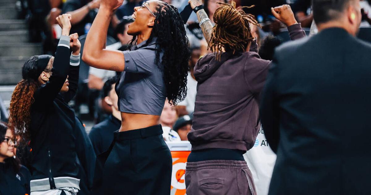 Las Vegas Aces center A'ja Wilson reacts to referees overturning a foul called on teammate Jackie Young during a WNBA basketball game at T-Mobile Arena Friday, July 3, 2026, in Las Vegas.