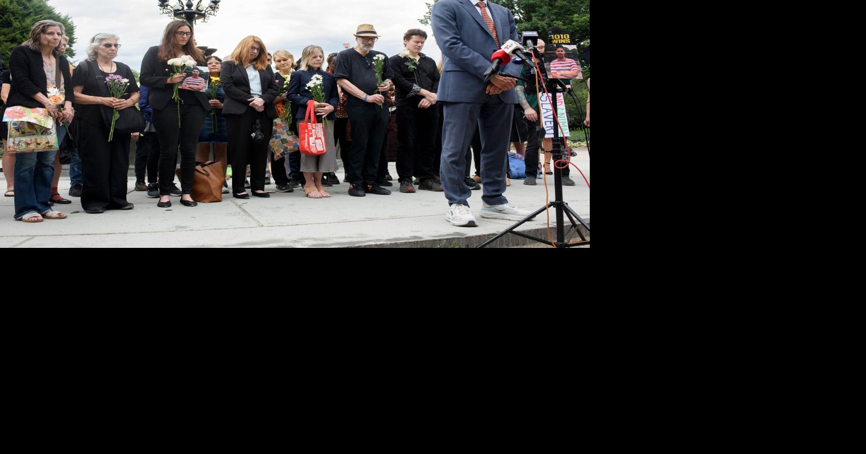 Politicians, activists and others hold a moment of silence for Romanch Mahajan at Cherry Hill in Central Park on Monday, June 22, 2026, in New York City.