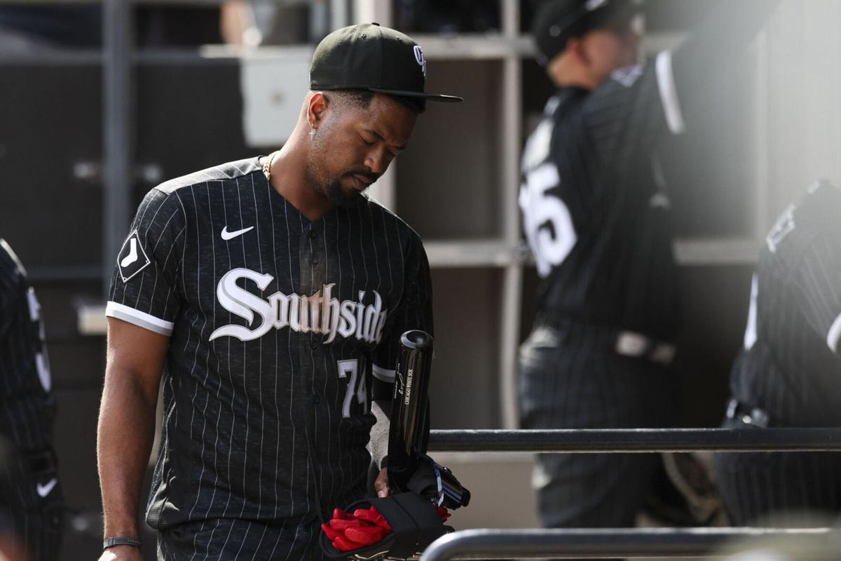 Chicago White Sox out fielder Eloy Jimenez walks down the dugout stairs  after a 5-2 loss to the Philadelphia Phillies at Guaranteed Rate Field on  Wednesday, April 19, 2023, in Chicago.