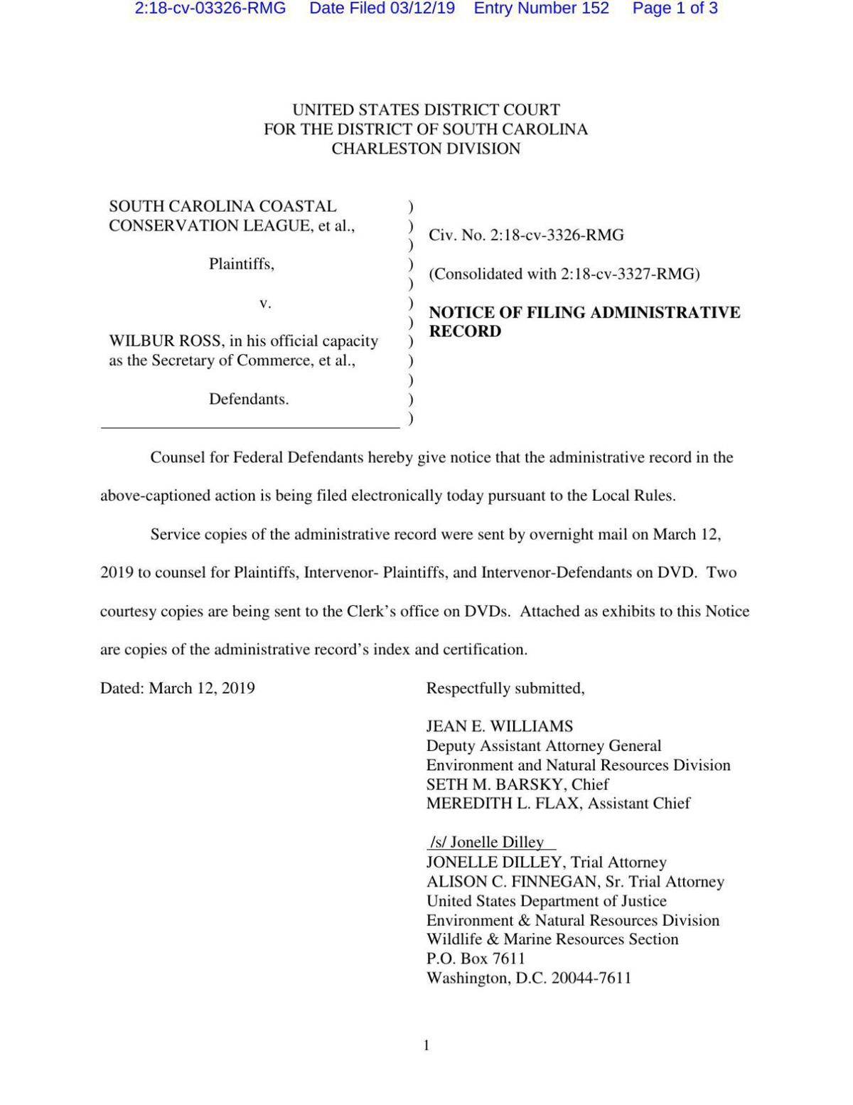 Notice of Filing of Administrative Record