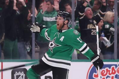 The Dallas Stars' Joe Pavelski celebrates a game-winning power play goal against the Vegas Golden Knights during overtime in Game 4 of the Western Conference Finals at American Airlines Center on Thursday, May 25, 2023, in Dallas.