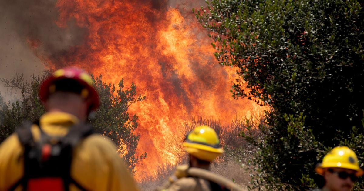 Crews battle the Sorrento fire in San Diego on June 8, 2026.