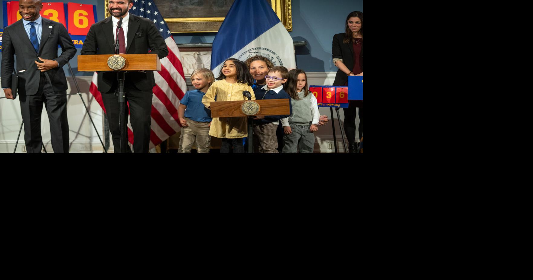 New York City Mayor Zohran Mamdani, center, and Schools Chancellor Kamar Samuels, along with pre-K students, announce the first steps toward bringing 2- K to New York City, and expanding access to 3- K, at City Hall on Feb. 5, 2026.