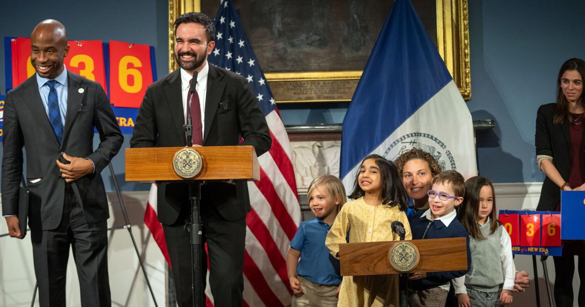 New York City Mayor Zohran Mamdani, center, and Schools Chancellor Kamar Samuels, along with pre-K students, announce the first steps toward bringing 2- K to New York City, and expanding access to 3- K, at City Hall on Feb. 5, 2026.