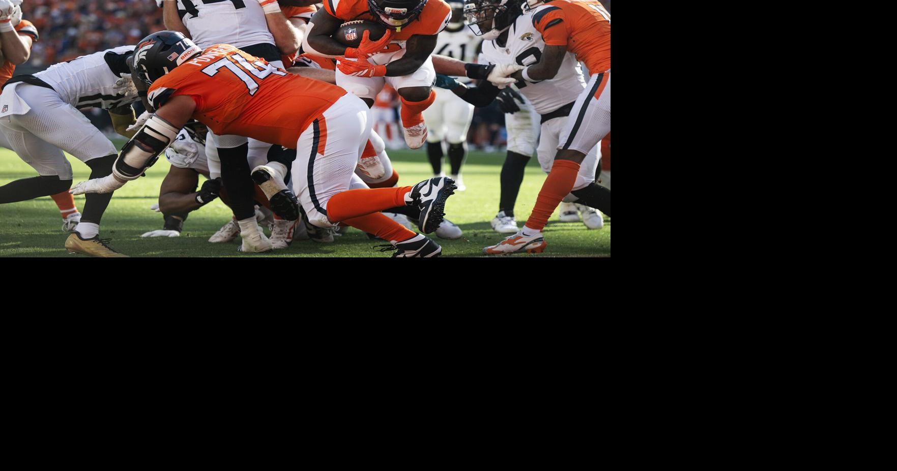 Running back Jonah Coleman of the Denver Broncos punches in a touchdown run during the second half of a 20-13 win over the Jacksonville Jaguars on Sunday, Sept. 20, 2026, at Empower Field at Mile High in Denver.