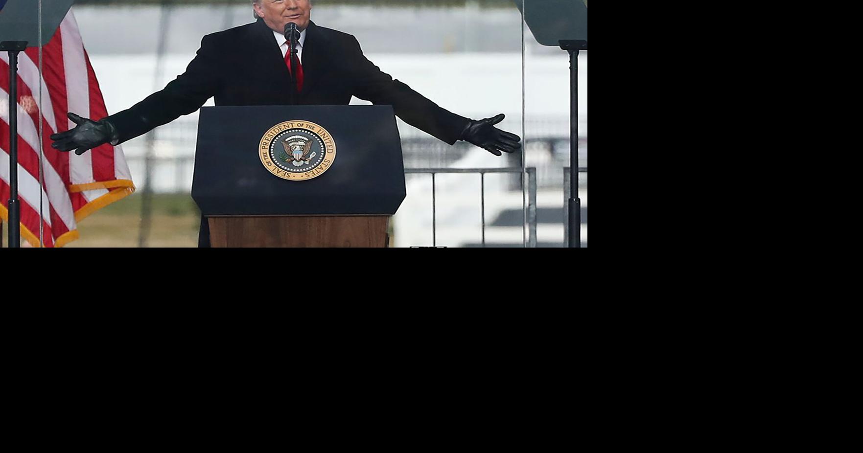 President Donald Trump gestures while speaking to the crowd during a“ Save America” rally at the Ellipse on Jan. 6, 2020, in Washington, D.C..