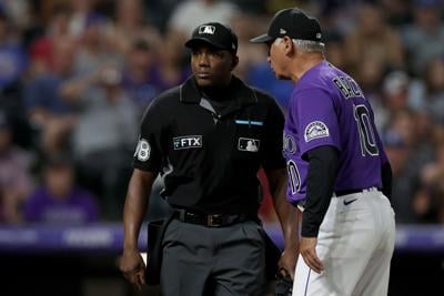 Colorado Rockies manager Bud Black argues with home plate umpire Malachi Moore while playing the San Diego Padres at Coors Field on July 13, 2022, in Denver.