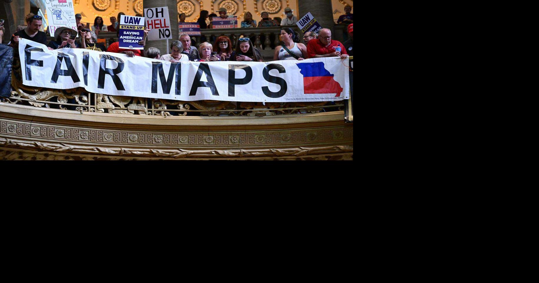 People gather at the Missouri statehouse in Jefferson City, Missouri, in 2025 to protest the Legislature's efforts to change the state's congressional district maps.