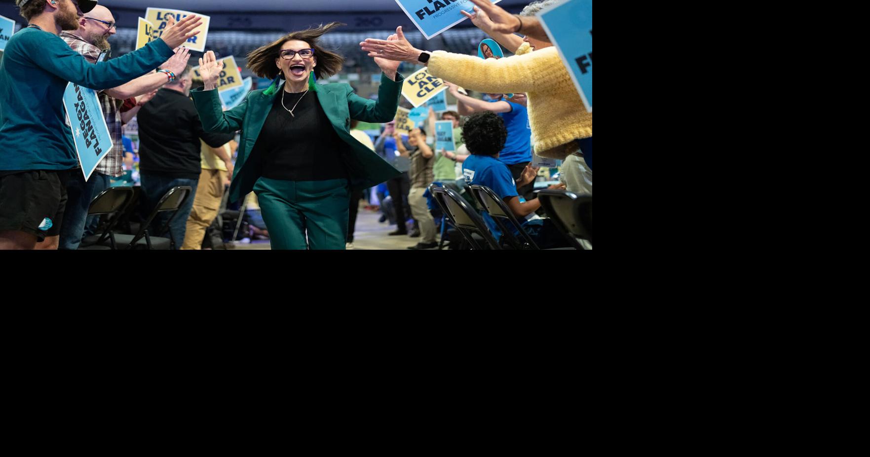 Peggy Flanagan, who is a candidate for U.S. Senate, runs toward the stage after receiving the DFL endorsement for U.S. Senate during Day 2 of the Minnesota DFL Party Convention in the Mayo Civic Center in Rochester, Minnesota, on Saturday, May 30, 2026.
