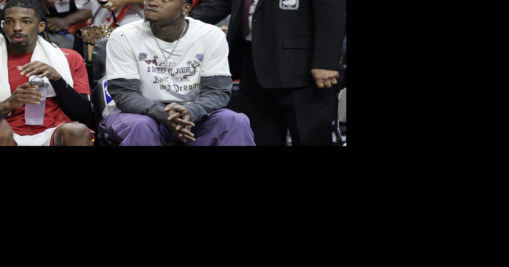 Miami Heat guard Terry Rozier on the bench as his team takes on the Chicago Bulls at Kaseya Center on April 19, 2024, in Miami.