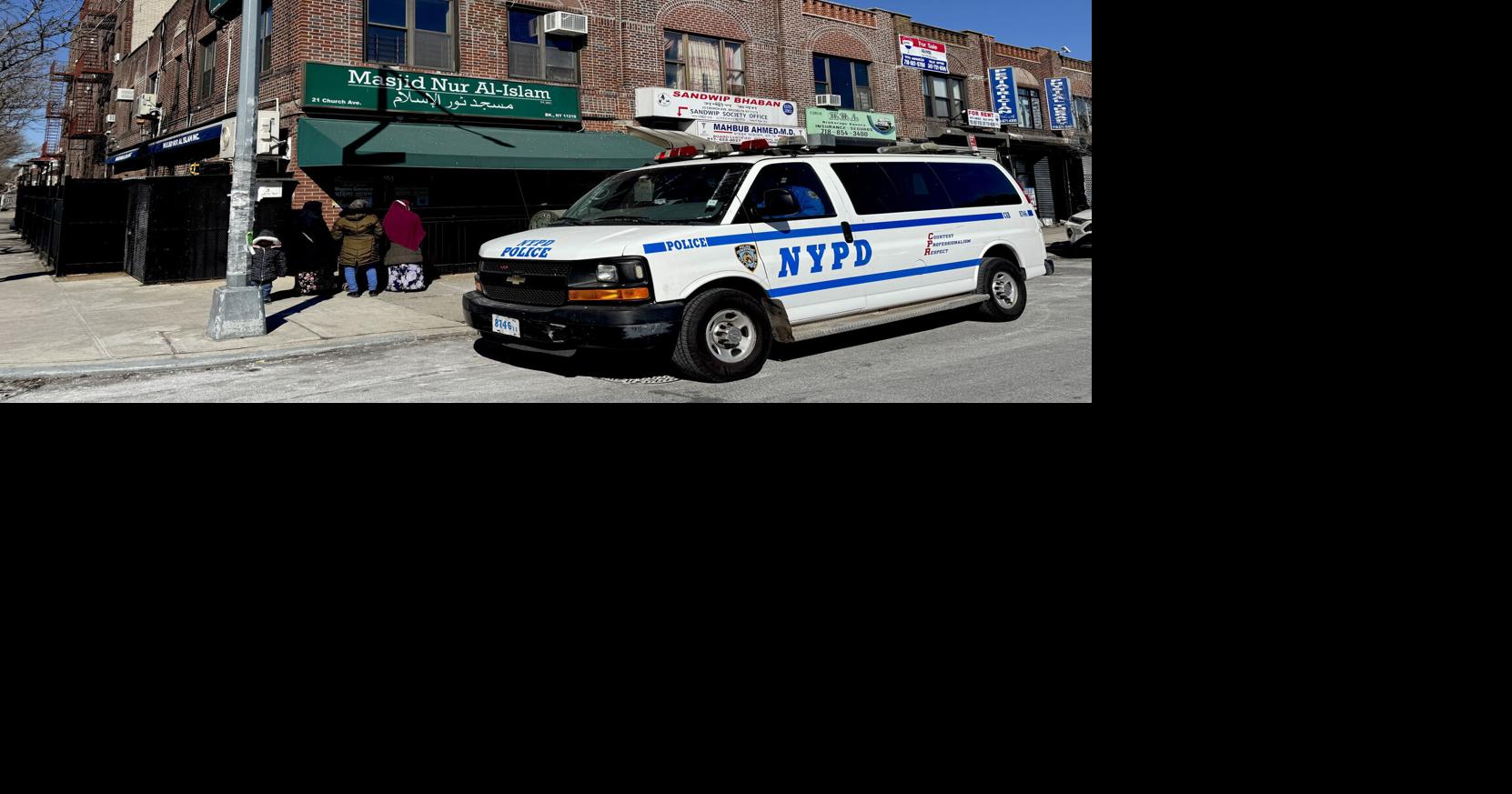 A New York Police Department vehicle is pictured outside the Masjid Nir Al-Islam mosque in Kensington, Brooklyn, on Feb. 22, 2025.