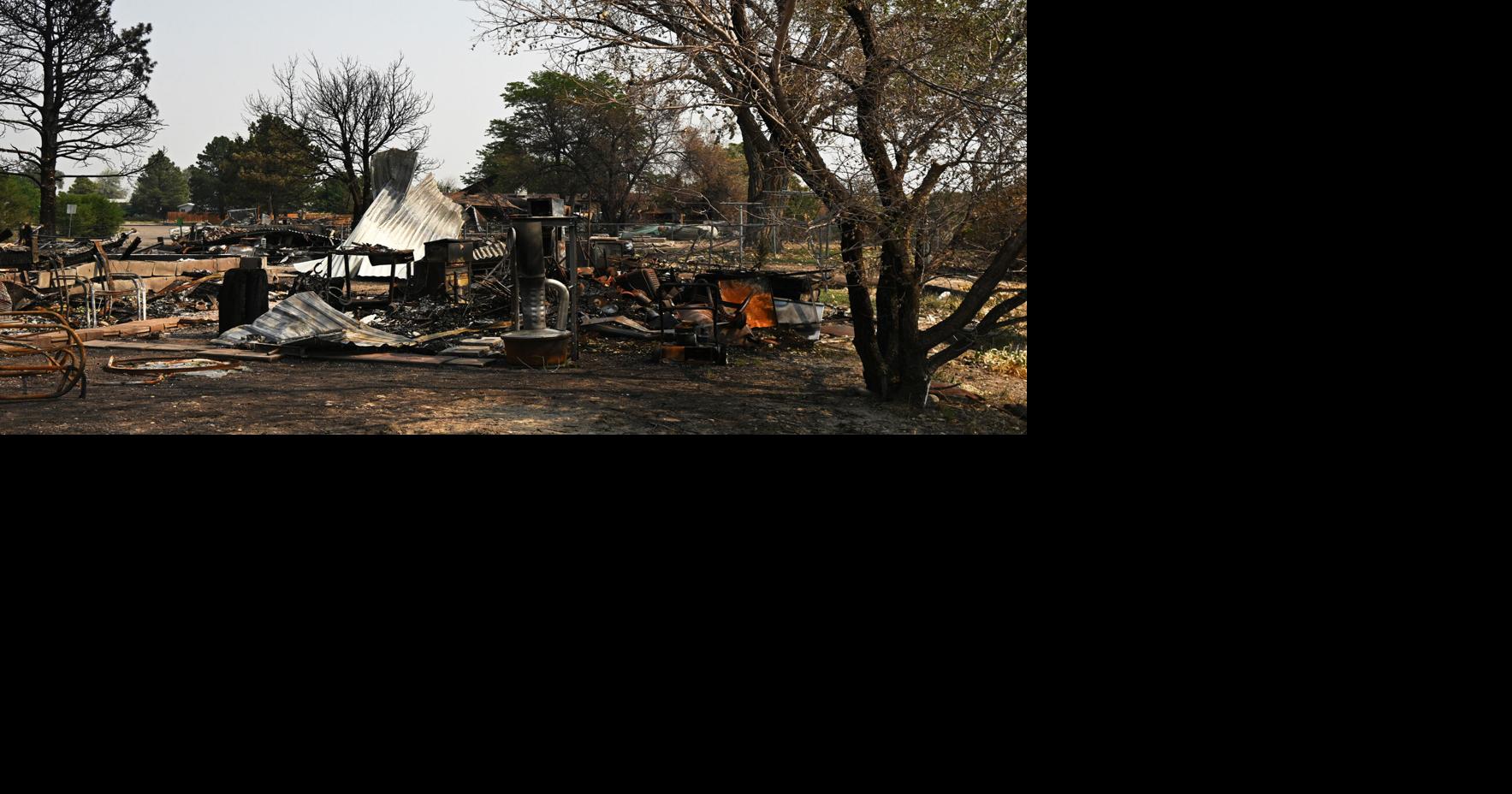 Homes and property at Mountain Shadows Mobile Estates were damaged by the heat and flames of the Aspen Acres Fire in recent days as the fire continued to burn on Monday, July 6, 2026, in Colorado City, Colorado.