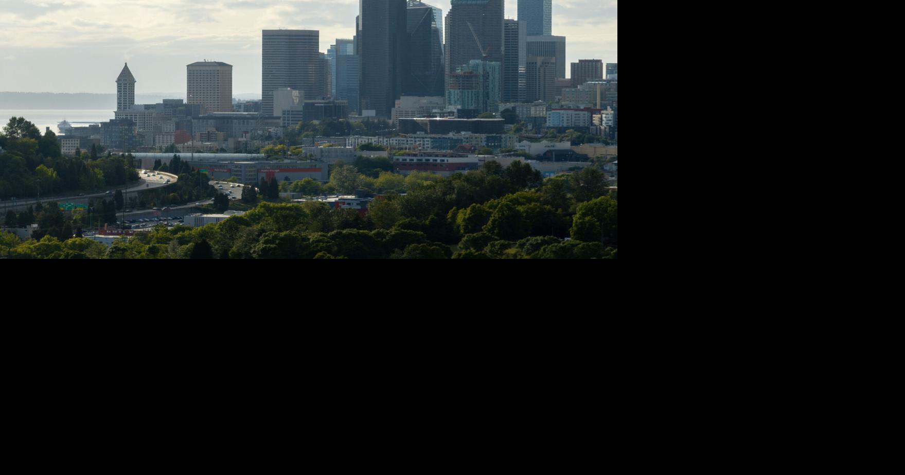 The Seattle skyline is seen from the air from the Mount Baker neighborhood on Sunday, May 18, 2025.