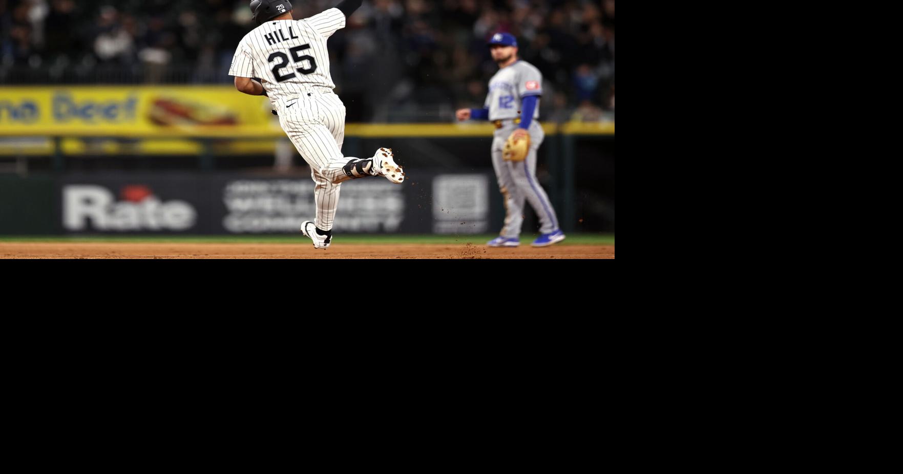 Derek Hill of the Chicago White Sox celebrates hitting a solo home run during the eighth inning against the Kansas City Royals at Rate Field on Tuesday, May 12, 2026, in Chicago.