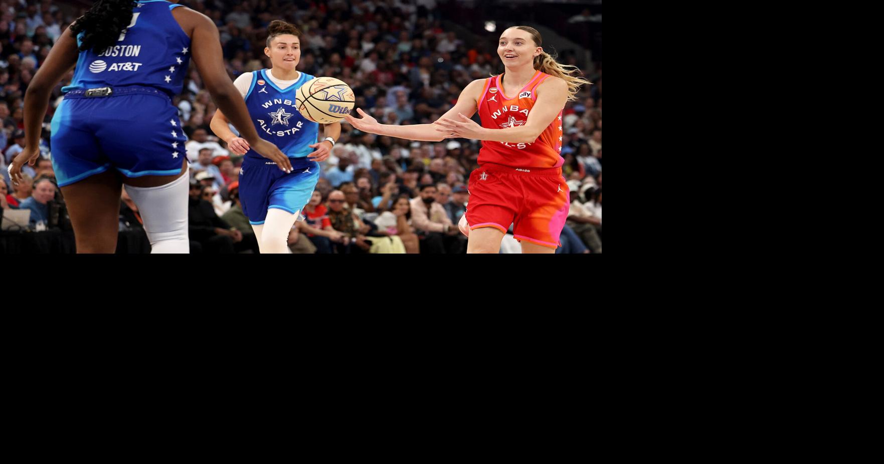 Paige Bueckers of Team Coop looks for the ball against Aliyah Boston of Team Spoon during the first half in the 2026 AT&T WNBA All-Star Game at the United Center on Saturday, July 25, 2026, in Chicago.