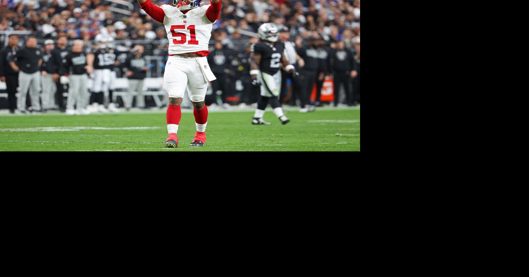 The New York Giants' Abdul Carter reacts after a holding call in the second quarter against the Las Vegas Raiders at Allegiant Stadium on Dec. 28, 2025, in Las Vegas.