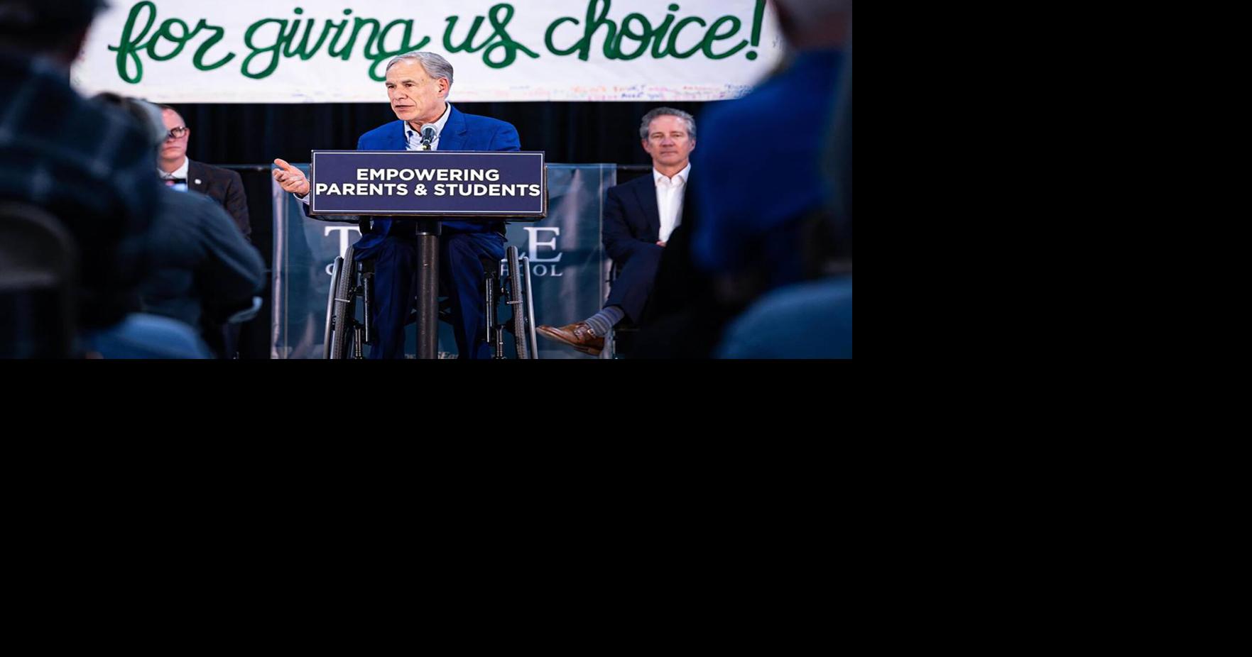 Greg Abbott speaks to a group of event attendees for his Parent Empowerment Night event where he advocated for school choice and vouchers at Temple Christian School on March 6, 2025, in Fort Worth, Texas.