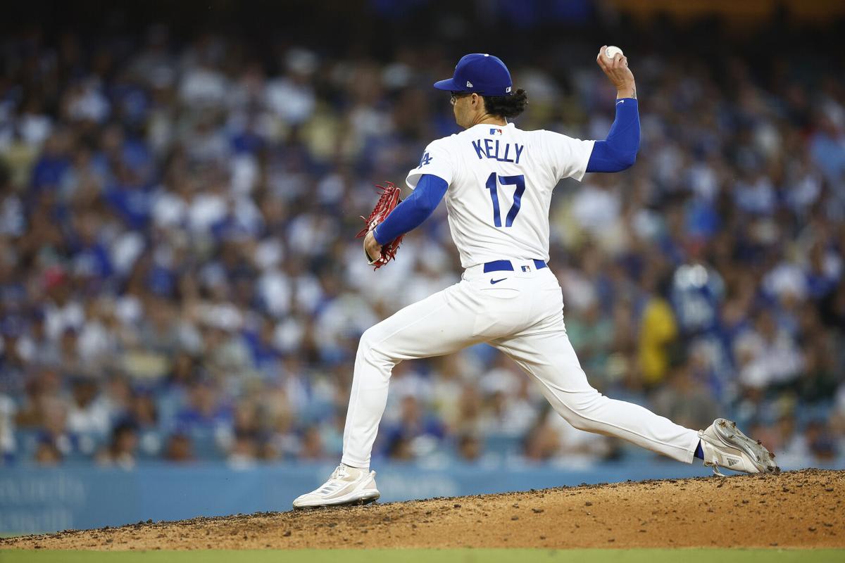 LOS ANGELES, CA - JULY 29: Los Angeles Dodgers Pitcher Joe Kelly looks on  during the MLB game between the Cincinnati Reds and the Los Angeles Dodgers  on July 29, 2023 at