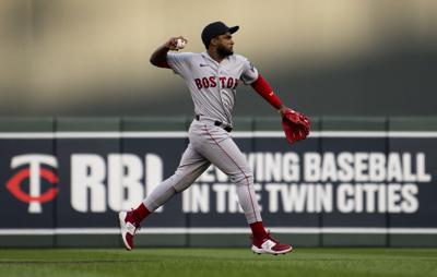 Pablo Reyes of the Boston Red Sox walks off of the field after a