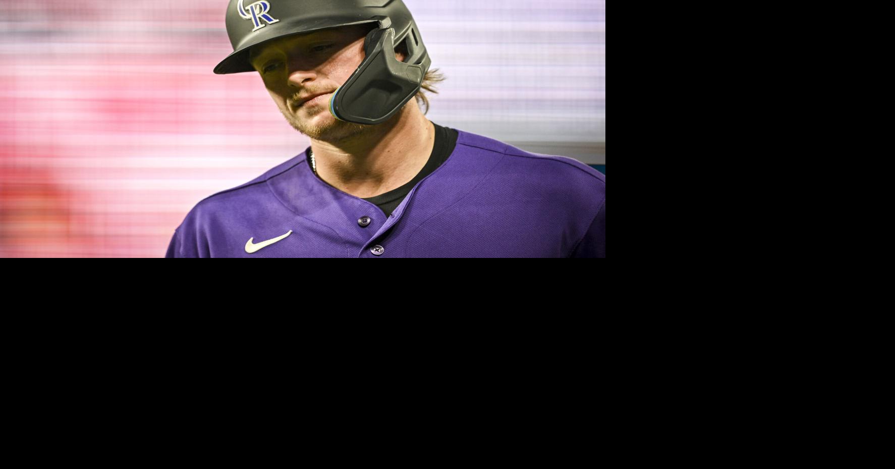 Hunter Goodman of the Colorado Rockies reacts after flying out during the fourth inning against the Arizona Diamondbacks at Coors Field on Tuesday, Sept. 22, 2026, in Denver.