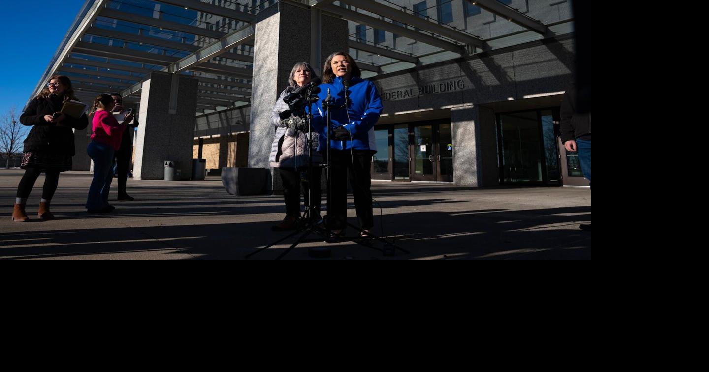 U.S. Representatives Betty McCollum and Angie Craig, left to right, speak to the press outside the Whipple Federal Building after being denied access to inspect conditions for those being held there in Minneapolis, Minnesota on Friday, Feb. 6, 2026.