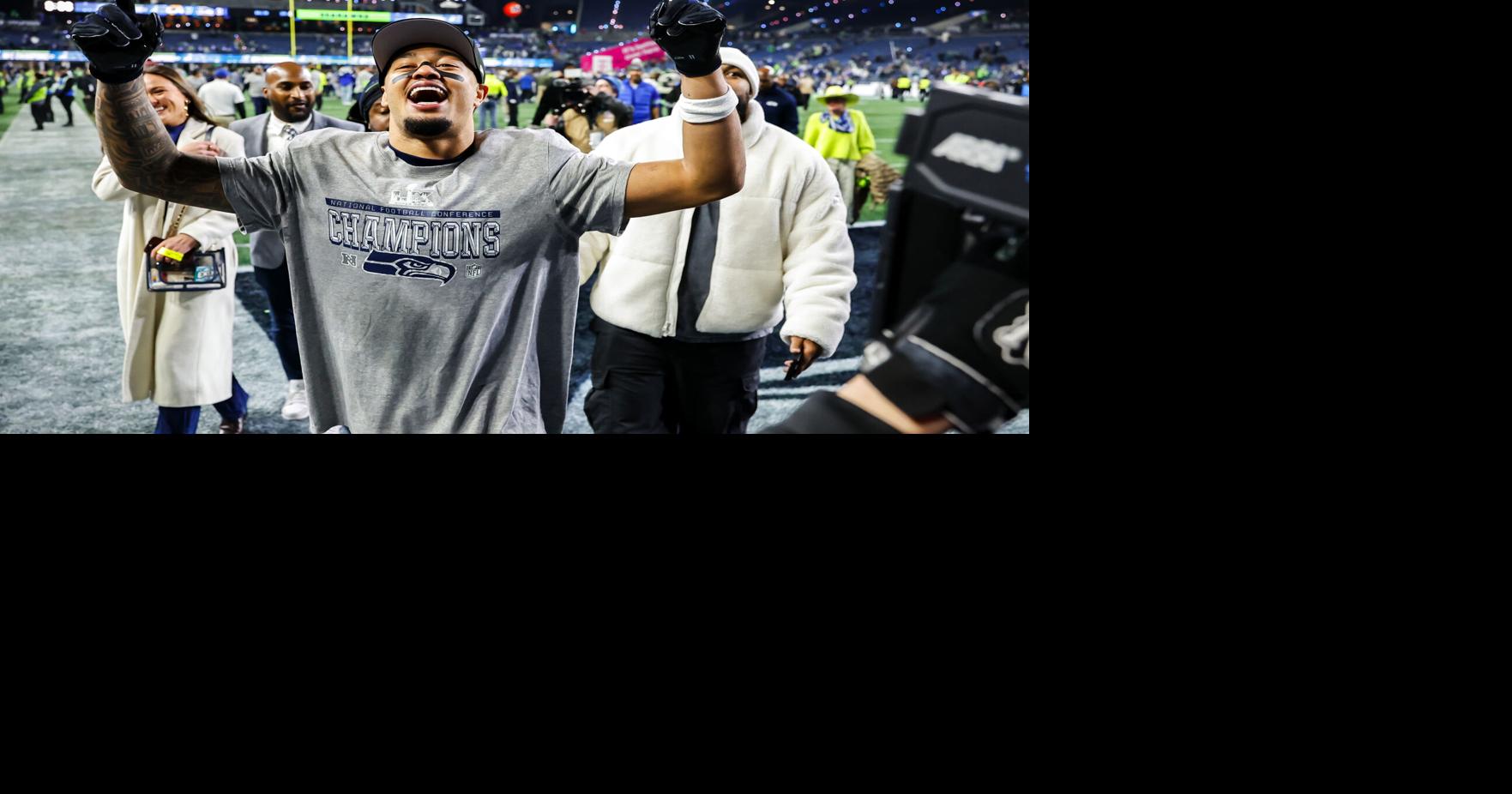 Seattle Seahawks wide receiver Jaxon Smith-Njigba celebrates after a 31-27 win over the Los Angeles Rams in the NFC Championship Sunday, Jan. 25, 2026, at Lumen Field in Seattle.