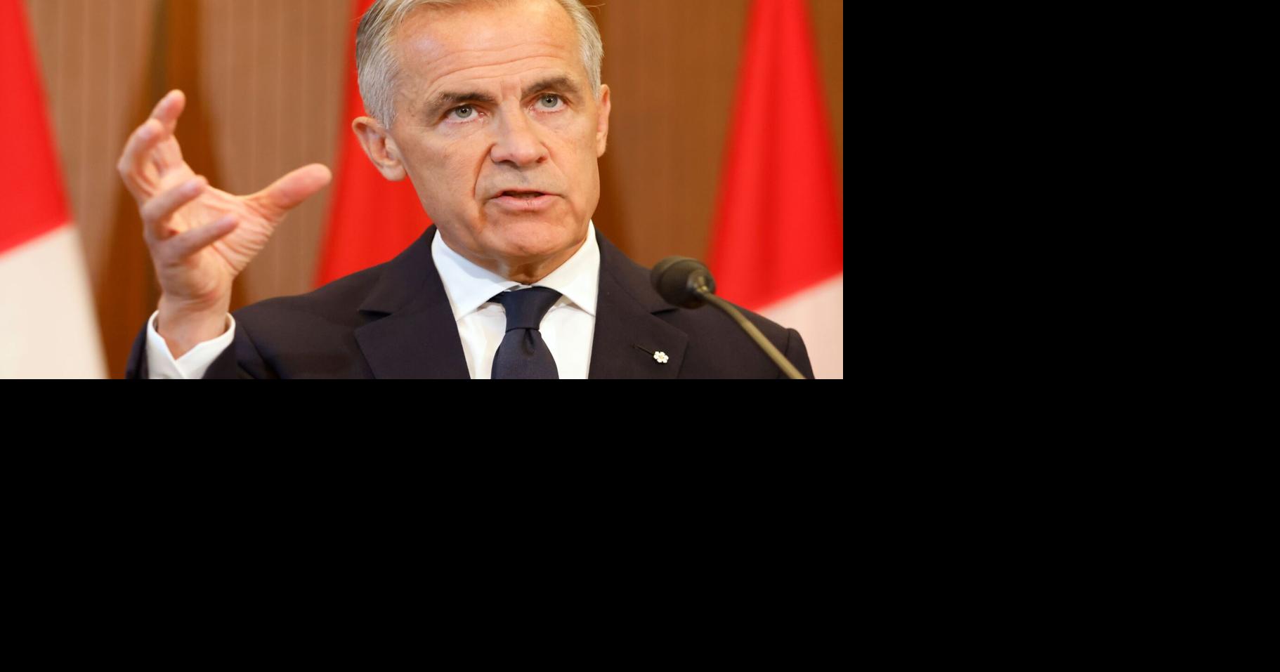Canada's Prime Minister Mark Carney speaks about Canada's response to new U.S. tariffs during a news conference on Parliament Hill.
