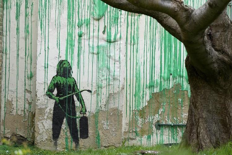 A new Banksy mural sprouts beside a cropped tree in London. Many see an environmental message
