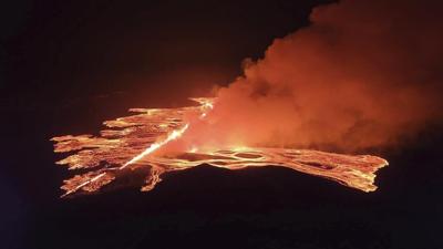 A volcano in Iceland is erupting for the fourth time in 3 months, sending plumes of lava skywards