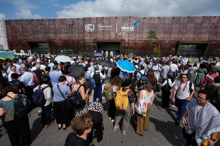 Protesters block the main entrance to COP30 climate talks in Brazil