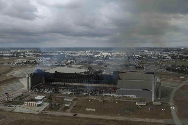 Raging fire destroys massive World War II-era blimp hangar in Southern California