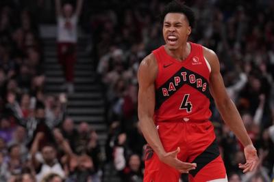 Mobley leads Cavaliers past Raptors 136-106 in home opener; Quickley injured