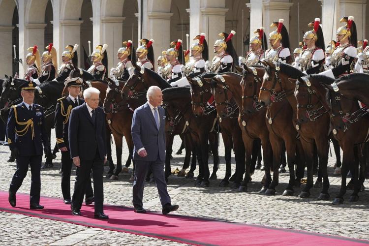 UK Royals meet Italy's President Mattarella at Quirinale Palace greeted by flyover of aerobatic jets