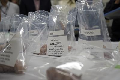UN nuclear agency team watches Japanese lab workers prepare fish samples from damaged nuclear plant