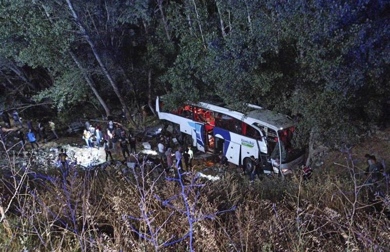 A bus crashes off the road in central Turkey, leaving 12 passengers dead
