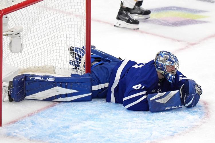 Leafs goaltender Anthony Stolarz skates before practice; no timeline for a return