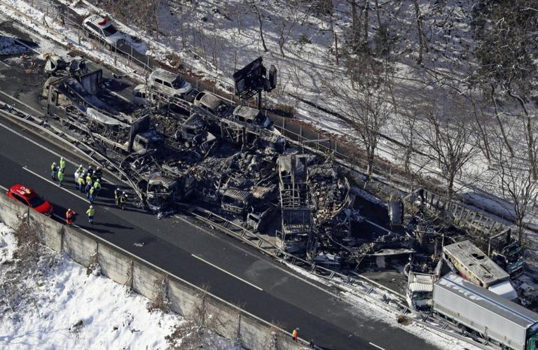 A massive crash on a highway in Japan kills 1 person and injures 26 as the holiday season starts