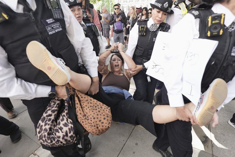 Police arrest demonstrators supporting the banned Palestine Action group in central London