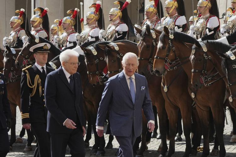 UK Royals meet Italy's President Mattarella at Quirinale Palace greeted by flyover of aerobatic jets