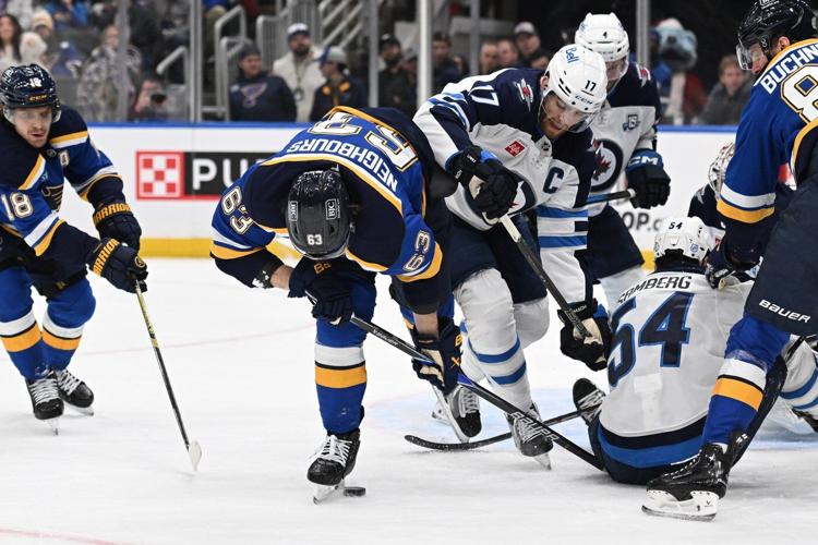 Faulk scores only goal of game, Hofer makes 24 saves to help Blues blank Jets 1-0
