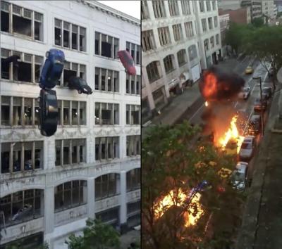 Video of cars plummeting from building comes from a movie shoot, not protests in France