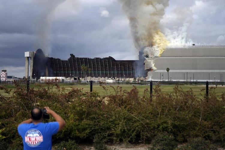 Massive World War II-era blimp hangar burns in Southern California