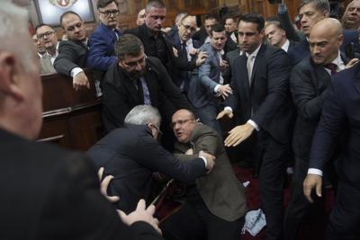Scuffles in Serbian parliament as deadly station collapse sparks anger at the government