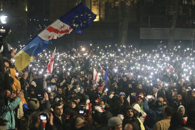 Protesters gather for third night of demonstrations after Georgia announces suspension of EU talks