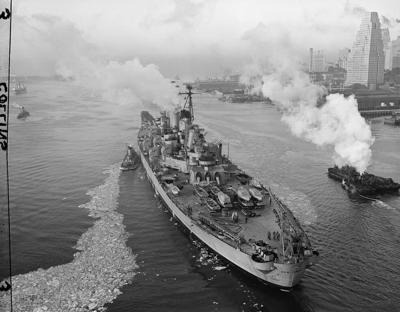 Battleship on the Delaware River: USS New Jersey traveling to Philadelphia for repairs