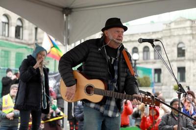 Neil Young, wife actress Daryl Hannah surprise crowd at Victoria old-growth rally