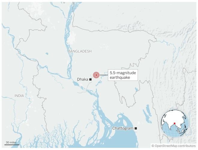A 5.5 magnitude earthquake in central Bangladesh kills at least 6 people
